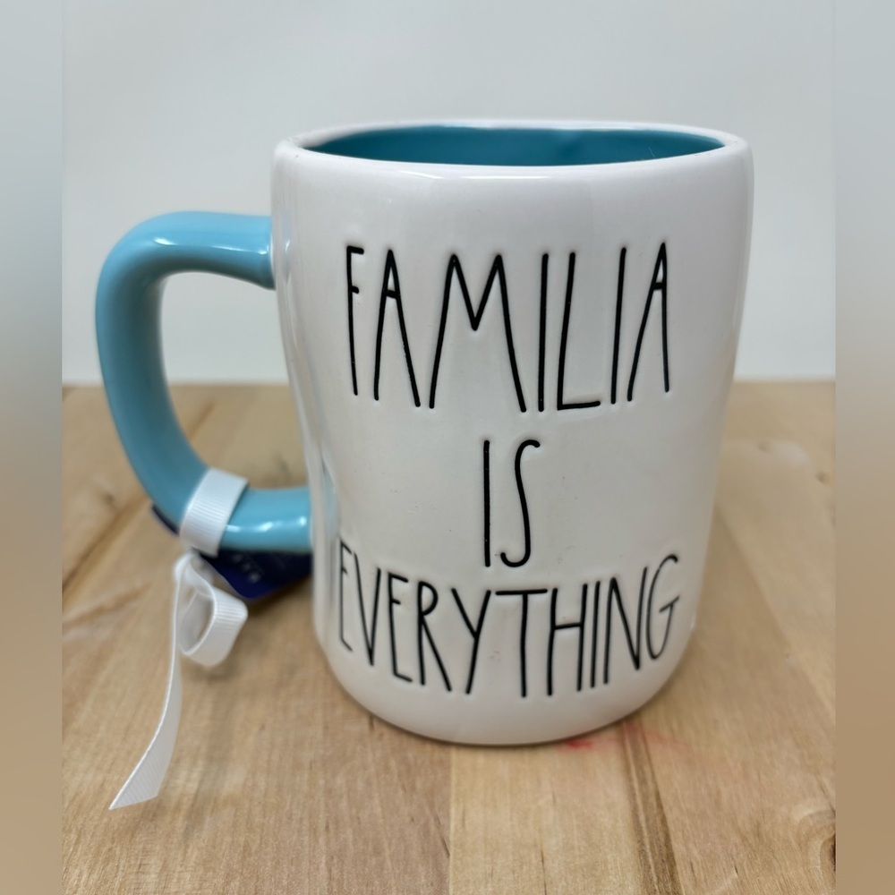 Rae Dunn FAMILIA IS EVERYTHING Mug Double Sided with Turquoise Interior & Handle